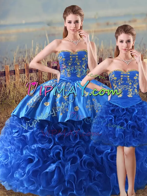 Latest Royal Blue Ball Gowns Fabric With Rolling Flowers Sweetheart Sleeveless Embroidery and Ruffles Floor Length Lace Up Quinceanera Dress