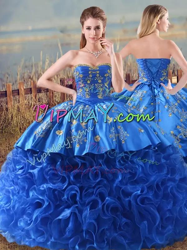 Latest Royal Blue Ball Gowns Fabric With Rolling Flowers Sweetheart Sleeveless Embroidery and Ruffles Floor Length Lace Up Quinceanera Dress