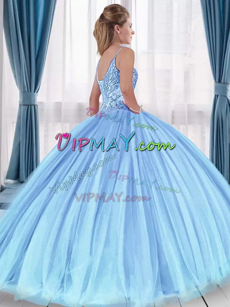 Custom Made Floor Length Ball Gowns Sleeveless Blue Quinceanera Gowns Lace Up