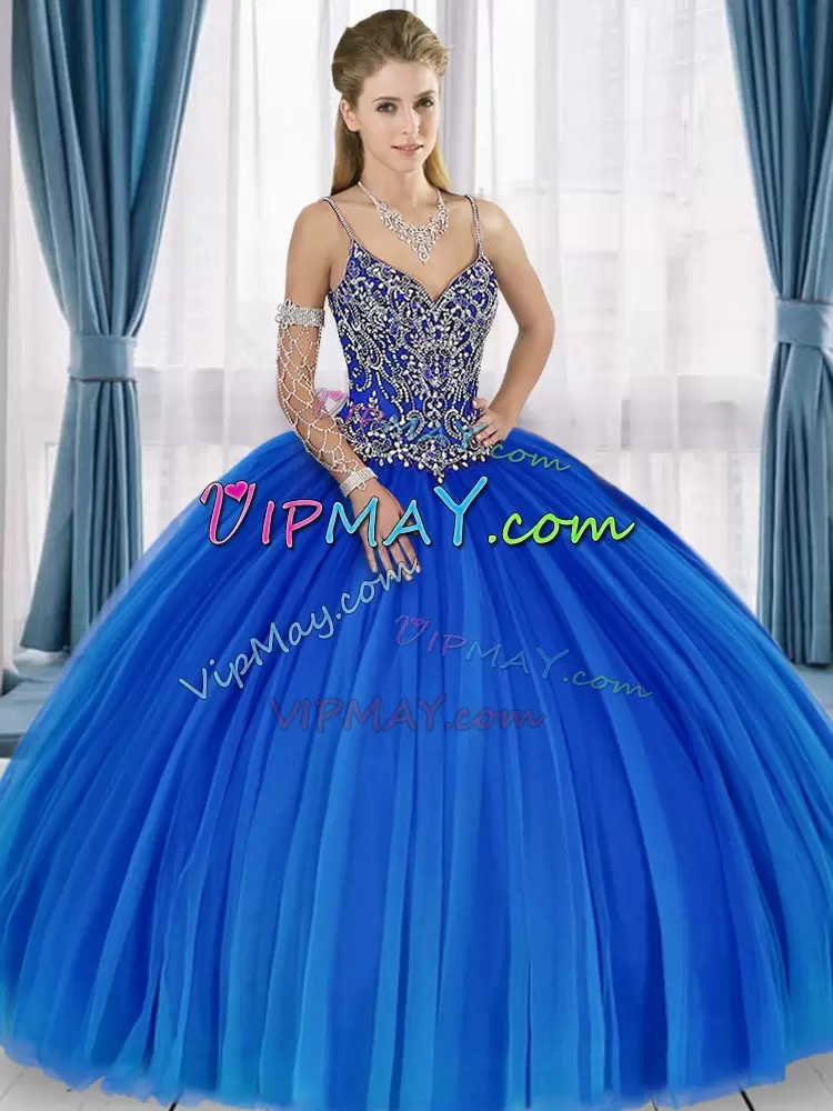 Custom Made Floor Length Ball Gowns Sleeveless Blue Quinceanera Gowns Lace Up