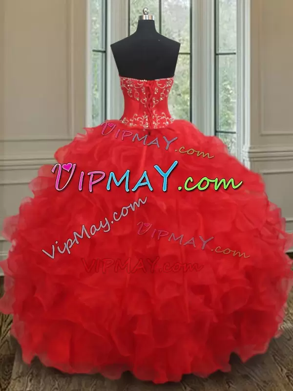Flare Red Lace Up Sweetheart Beading and Ruffles Quinceanera Gown Organza Sleeveless