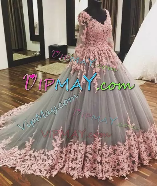 Pretty V-neck Long Sleeves Tulle Sweet 16 Dresses Lace and Appliques Sweep Train Lace Up