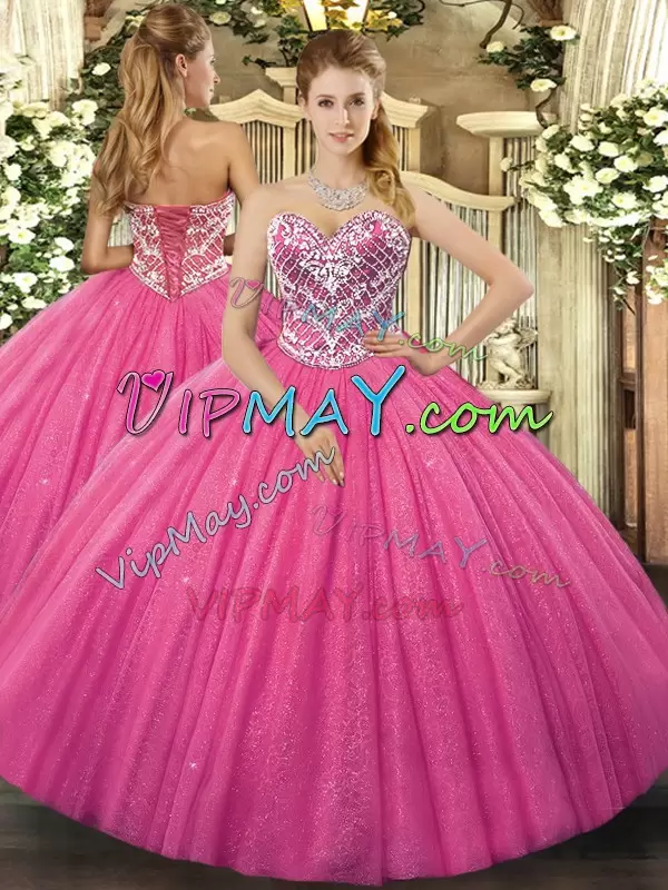 Floor Length Ball Gowns Sleeveless Hot Pink Quinceanera Dress Lace Up