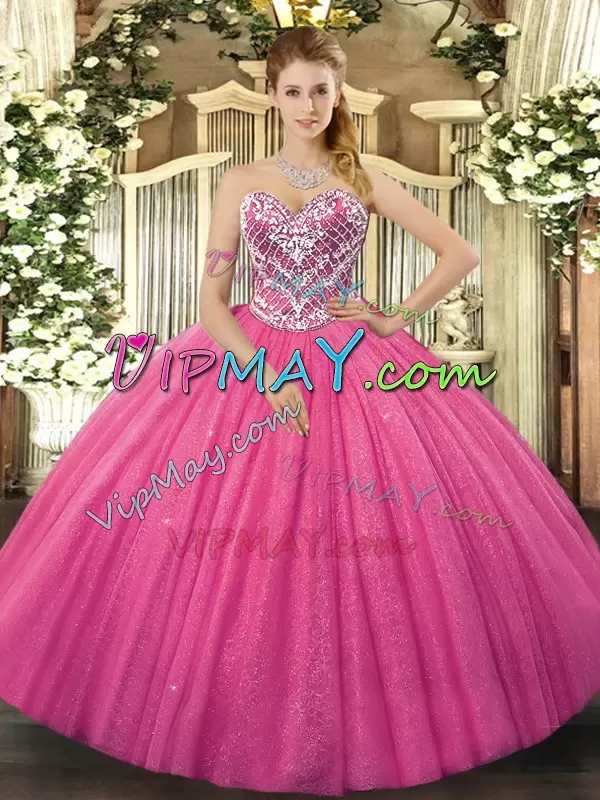 Floor Length Ball Gowns Sleeveless Hot Pink Quinceanera Dress Lace Up