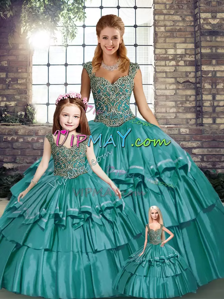 Clearance Teal Straps Neckline Beading and Ruffled Layers Quinceanera Dress Sleeveless Lace Up