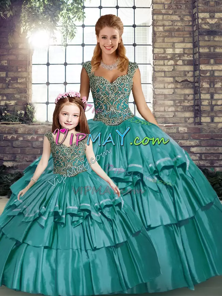 Clearance Teal Straps Neckline Beading and Ruffled Layers Quinceanera Dress Sleeveless Lace Up