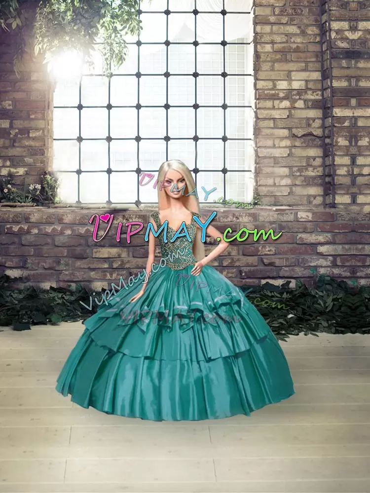 Clearance Teal Straps Neckline Beading and Ruffled Layers Quinceanera Dress Sleeveless Lace Up