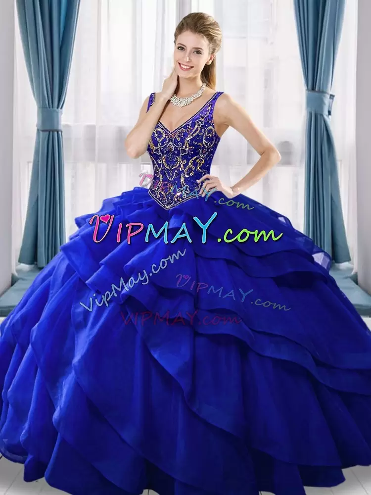 Cheap Royal Blue V-neck Ruffled Sweet 16 Quinceanera Dress with Straps