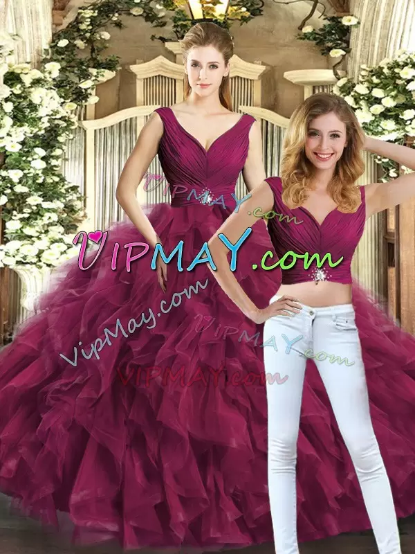 Sexy V-neck Sleeveless Backless Sweet 16 Quinceanera Dress Burgundy Tulle Beading and Ruffles