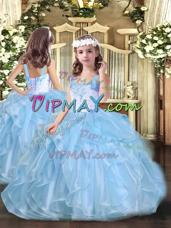 Sleeveless Organza Floor Length Lace Up Sweet 16 Quinceanera Dress in Blue with Beading and Ruffles