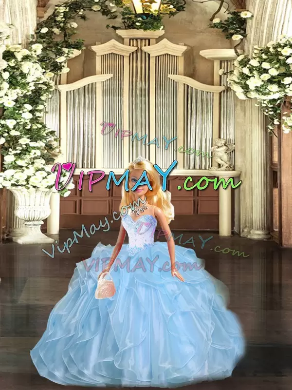 Sleeveless Organza Floor Length Lace Up Sweet 16 Quinceanera Dress in Blue with Beading and Ruffles