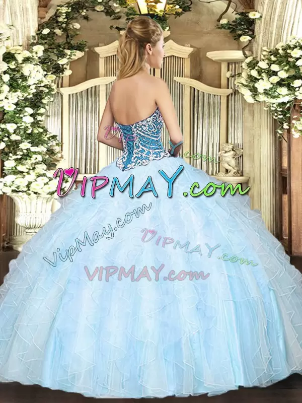 Light Blue Ball Gowns Beading and Ruffles Sweet 16 Dress Lace Up Tulle Sleeveless Floor Length