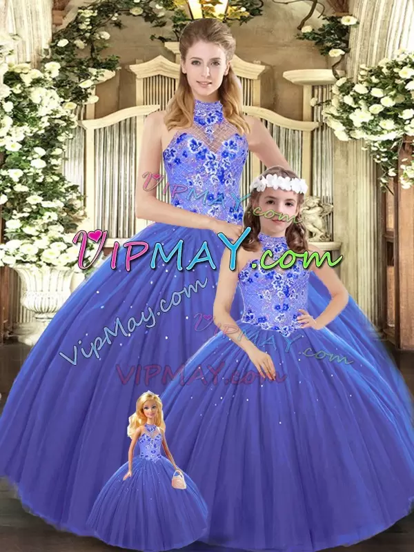 Halter Top Sleeveless Lace Up Quinceanera Dresses Blue Tulle Embroidery