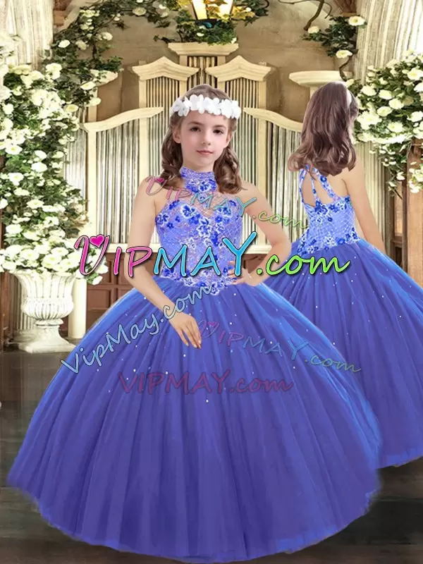 Halter Top Sleeveless Lace Up Quinceanera Dresses Blue Tulle Embroidery