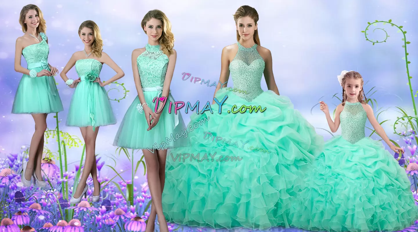 Vintage Apple Green Sleeveless Beading and Ruffles and Pick Ups Floor Length Sweet 16 Quinceanera Dress