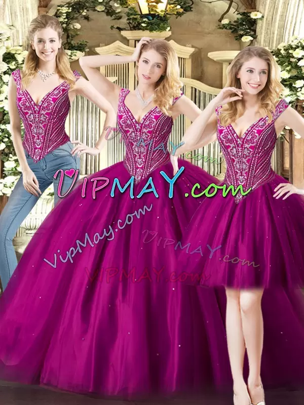 Attractive Fuchsia Sleeveless Tulle Lace Up Sweet 16 Dresses for Military Ball and Sweet 16 and Quinceanera