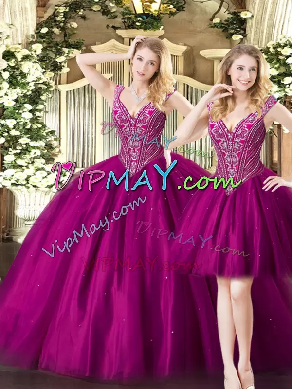 Attractive Fuchsia Sleeveless Tulle Lace Up Sweet 16 Dresses for Military Ball and Sweet 16 and Quinceanera