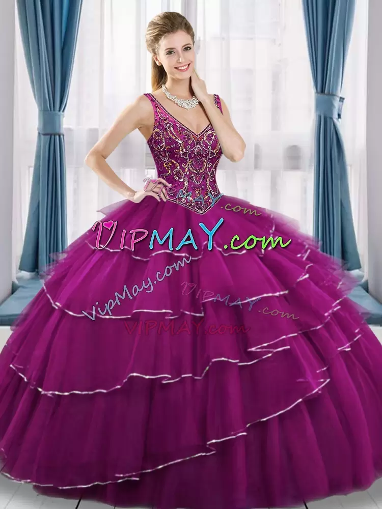 Admirable Fuchsia Ball Gowns V-neck Sleeveless Tulle Floor Length Lace Up Beading and Ruffled Layers Sweet 16 Quinceanera Dress