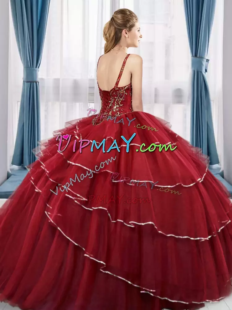 Admirable Fuchsia Ball Gowns V-neck Sleeveless Tulle Floor Length Lace Up Beading and Ruffled Layers Sweet 16 Quinceanera Dress