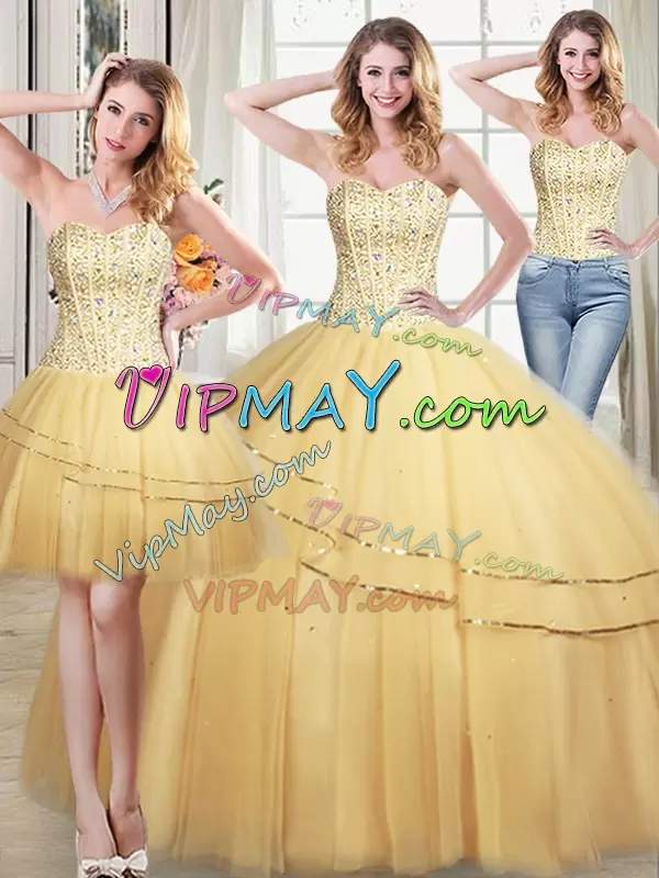 Gold Sleeveless Floor Length Beading and Sequins Lace Up Quinceanera Gown Sweetheart