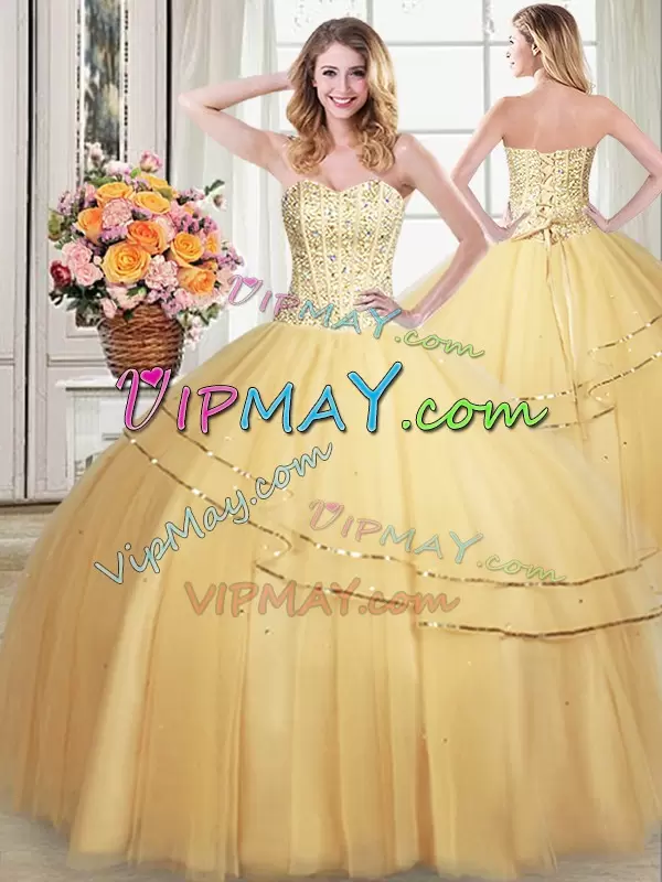 Gold Sleeveless Floor Length Beading and Sequins Lace Up Quinceanera Gown Sweetheart