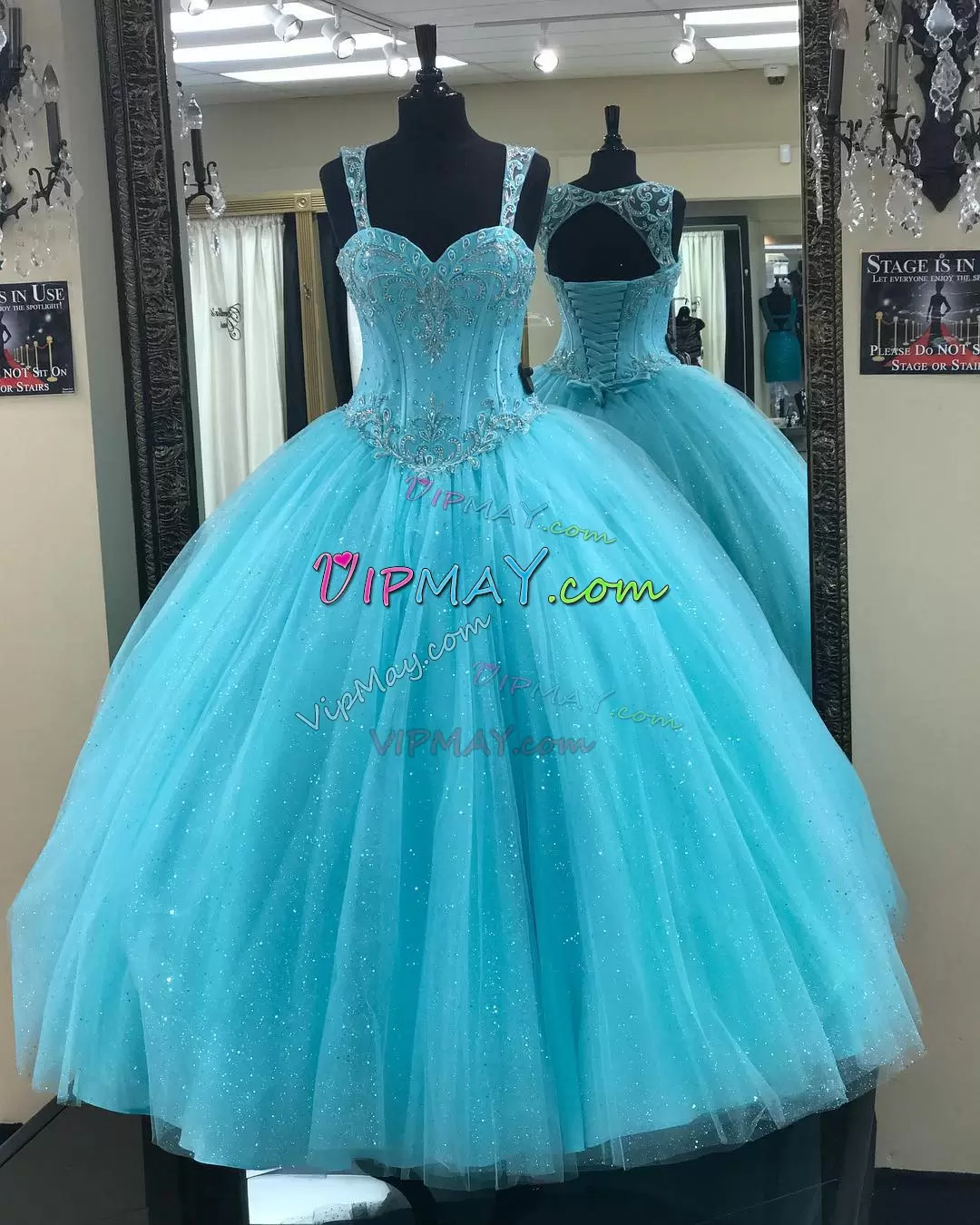 Baby Blue Straps Neckline Beading Sweet 16 Dress Sleeveless Lace Up