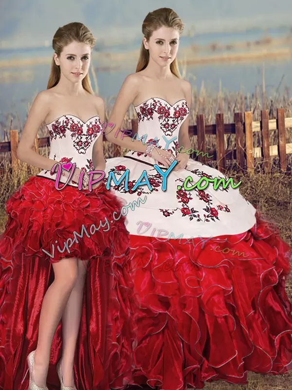 Dynamic White And Red Lace Up Sweetheart Embroidery and Ruffles and Bowknot Quinceanera Gown Organza Sleeveless