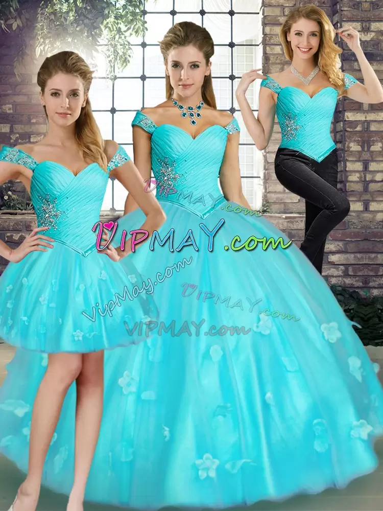 Beautiful Floor Length Aqua Blue Quinceanera Dress Tulle Sleeveless Beading and Appliques