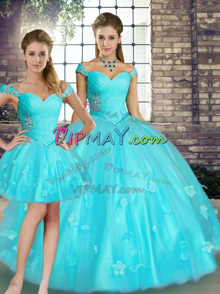 Beautiful Floor Length Aqua Blue Quinceanera Dress Tulle Sleeveless Beading and Appliques