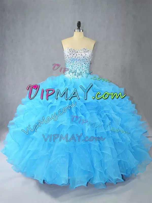 Noble Organza Sweetheart Sleeveless Lace Up Beading and Ruffles Quinceanera Gown in Aqua Blue