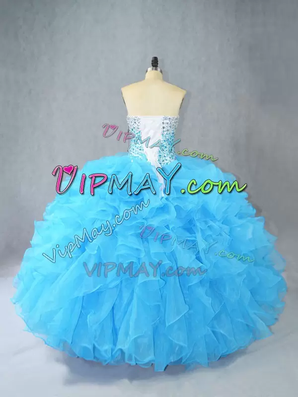 Noble Organza Sweetheart Sleeveless Lace Up Beading and Ruffles Quinceanera Gown in Aqua Blue