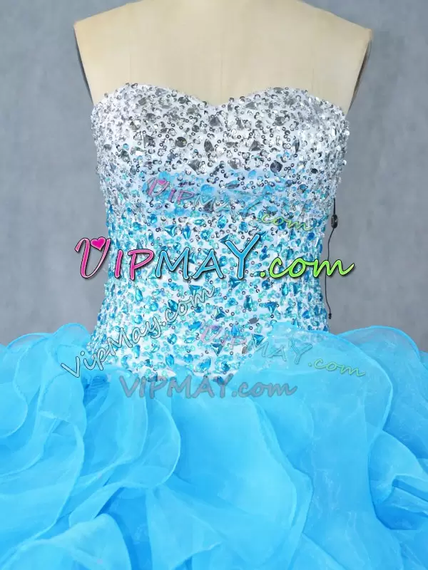 Noble Organza Sweetheart Sleeveless Lace Up Beading and Ruffles Quinceanera Gown in Aqua Blue