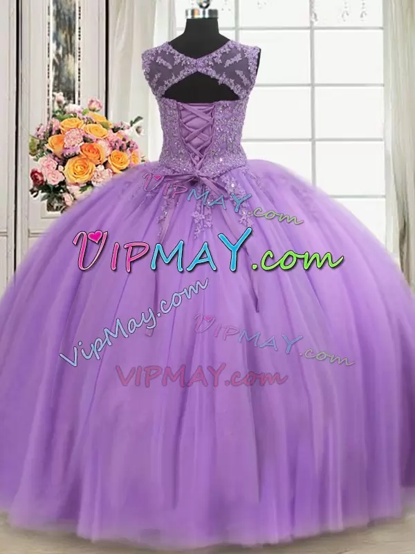 Super Floor Length Ball Gowns Sleeveless Lavender 15 Quinceanera Dress Lace Up