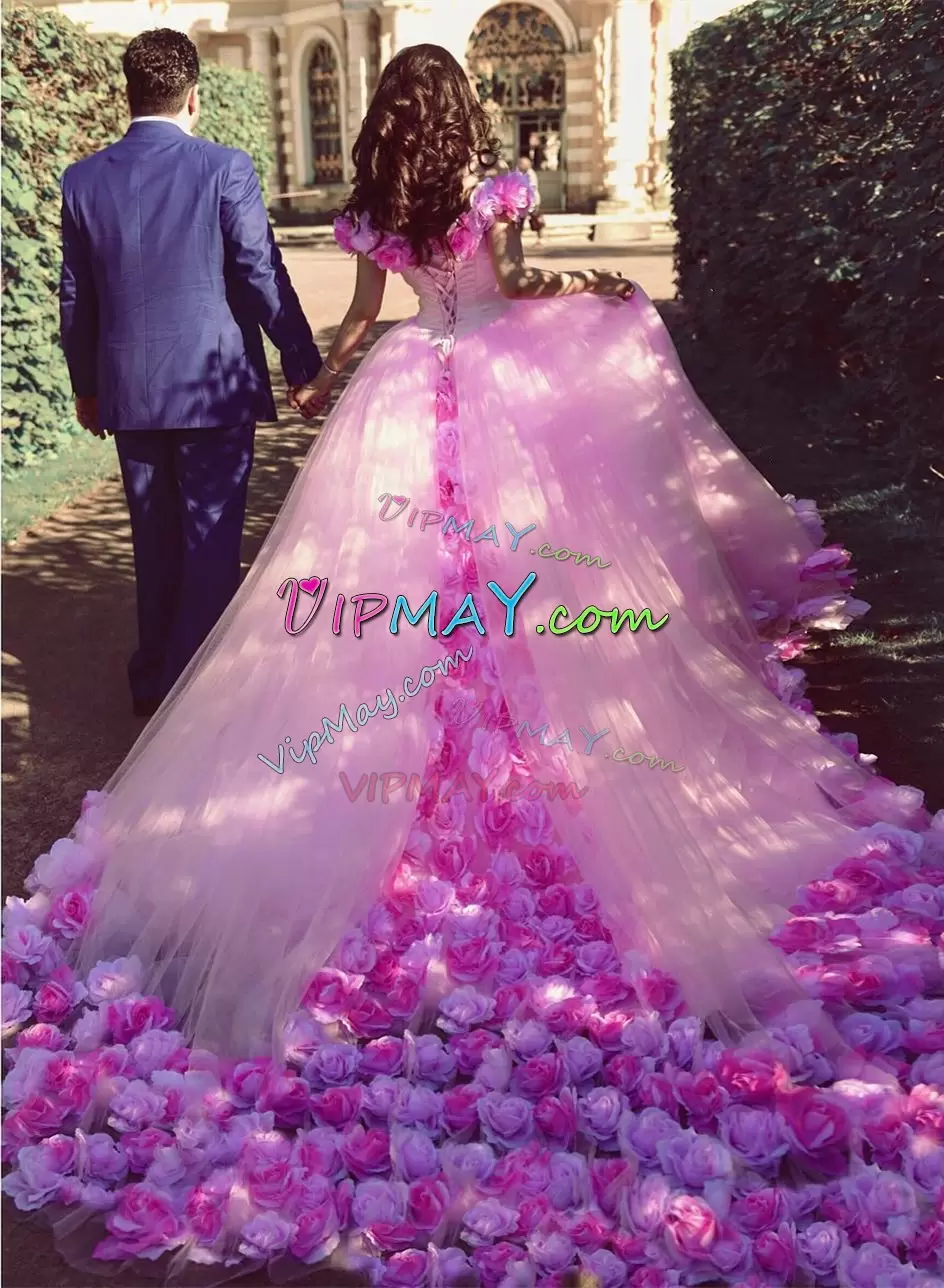 New Arrival Pink Lace Up Quinceanera Dress Hand Made Flower Sleeveless With Train Chapel Train