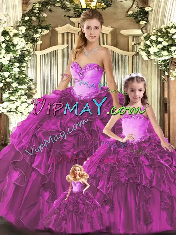 Most Popular Fuchsia Sweetheart Lace Up Ruffles Quinceanera Gowns Sleeveless