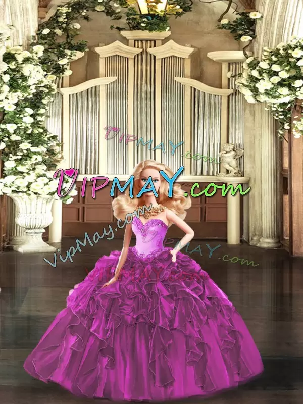 Most Popular Fuchsia Sweetheart Lace Up Ruffles Quinceanera Gowns Sleeveless