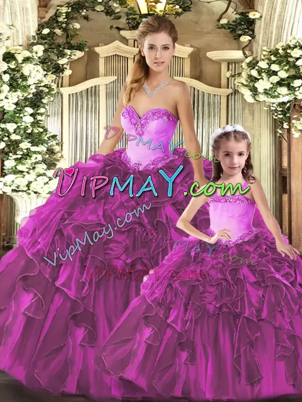 Most Popular Fuchsia Sweetheart Lace Up Ruffles Quinceanera Gowns Sleeveless