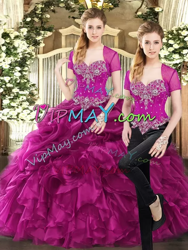 Sweetheart Sleeveless Lace Up Ball Gown Prom Dress Fuchsia Organza Beading and Ruffles and Pick Ups