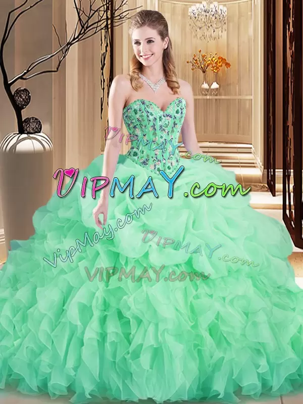 Extravagant Apple Green Ball Gowns Organza Sweetheart Sleeveless Embroidery and Ruffles Lace Up 15 Quinceanera Dress Brush Train