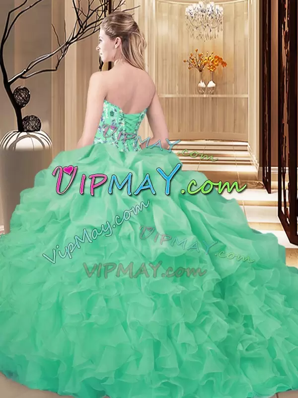 Extravagant Apple Green Ball Gowns Organza Sweetheart Sleeveless Embroidery and Ruffles Lace Up 15 Quinceanera Dress Brush Train