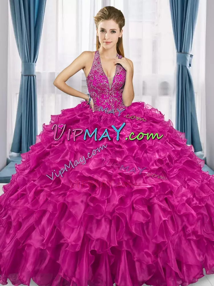 Extravagant Fuchsia Ball Gowns Organza V-neck Sleeveless Beading and Ruffles Floor Length Lace Up 15 Quinceanera Dress