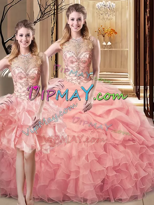 Sleeveless Scoop Lace Up Floor Length Beading and Ruffles Ball Gown Prom Dress Scoop