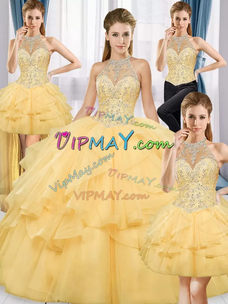 Ideal Gold Scoop Neckline Beading 15 Quinceanera Dress Sleeveless Lace Up