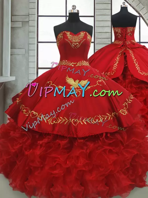 Sweetheart Sleeveless Sweet 16 Dress Brush Train Beading and Embroidery and Ruffles Wine Red Satin and Organza