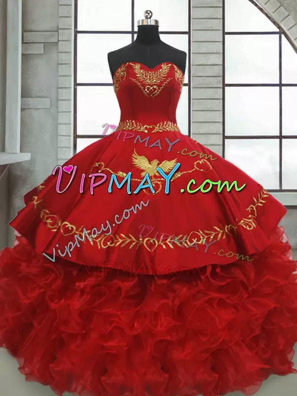 Sweetheart Sleeveless Sweet 16 Dress Brush Train Beading and Embroidery and Ruffles Wine Red Satin and Organza