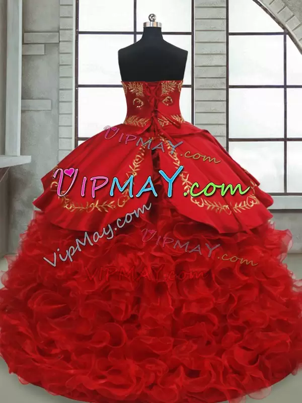 Sweetheart Sleeveless Sweet 16 Dress Brush Train Beading and Embroidery and Ruffles Wine Red Satin and Organza