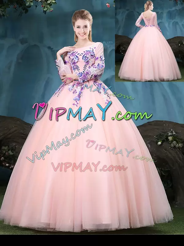 Floor Length Baby Pink Sweet 16 Dresses Tulle Long Sleeves Appliques