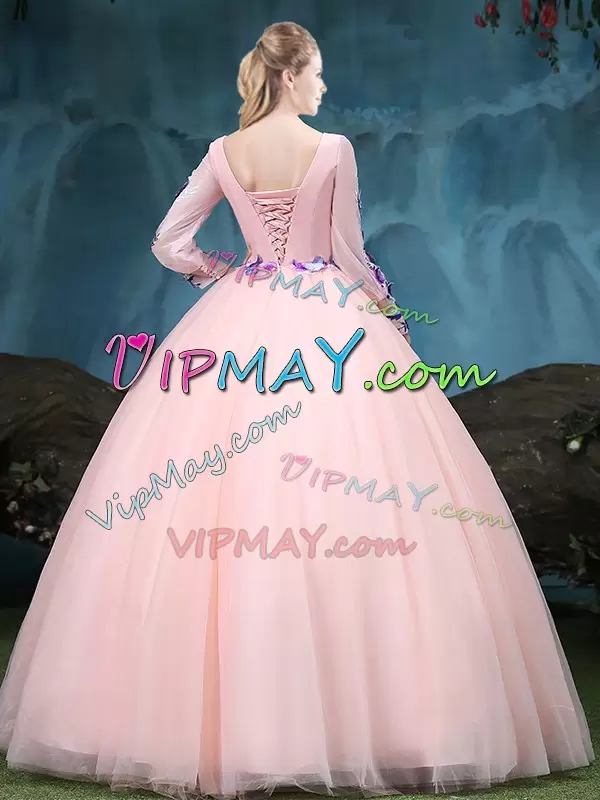 Floor Length Baby Pink Sweet 16 Dresses Tulle Long Sleeves Appliques