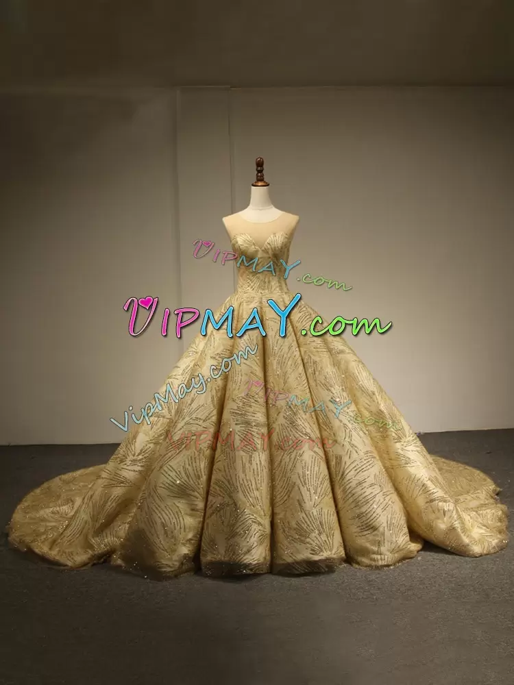gold yellow quinceanera dress,gold quinceanera dress,scoop neckline quinceanera dress,illusion neckline bridal dress,illusion neckline quinceanera dress,illusion neckline formal dress,sweet 16 quinceanera dress,long train quinceanera dress,bridal dress with long trains,formal dress with train,