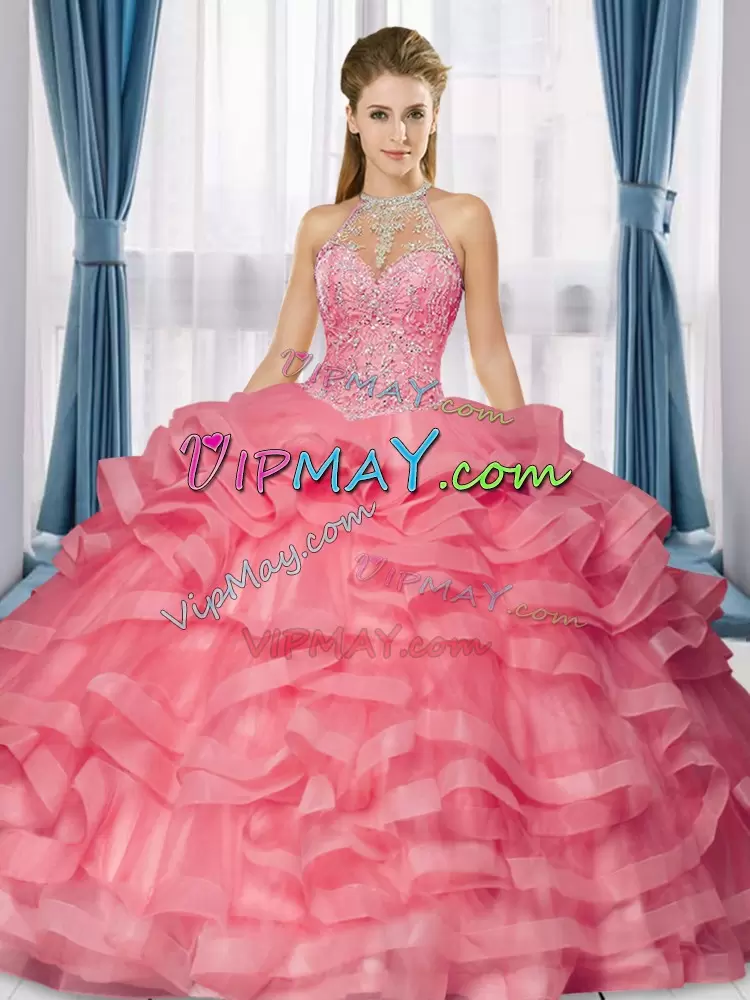 Watermelon Red Sleeveless Floor Length Beading and Ruffles Lace Up Quinceanera Dress High-neck